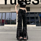 Goth Women's Flared Pants with Black Lace, Embroidery, Multi Designs
