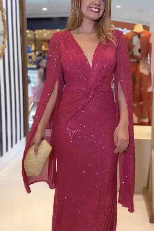 Elegant Sequin Evening Dress, V-Neck Cloak Sleeves