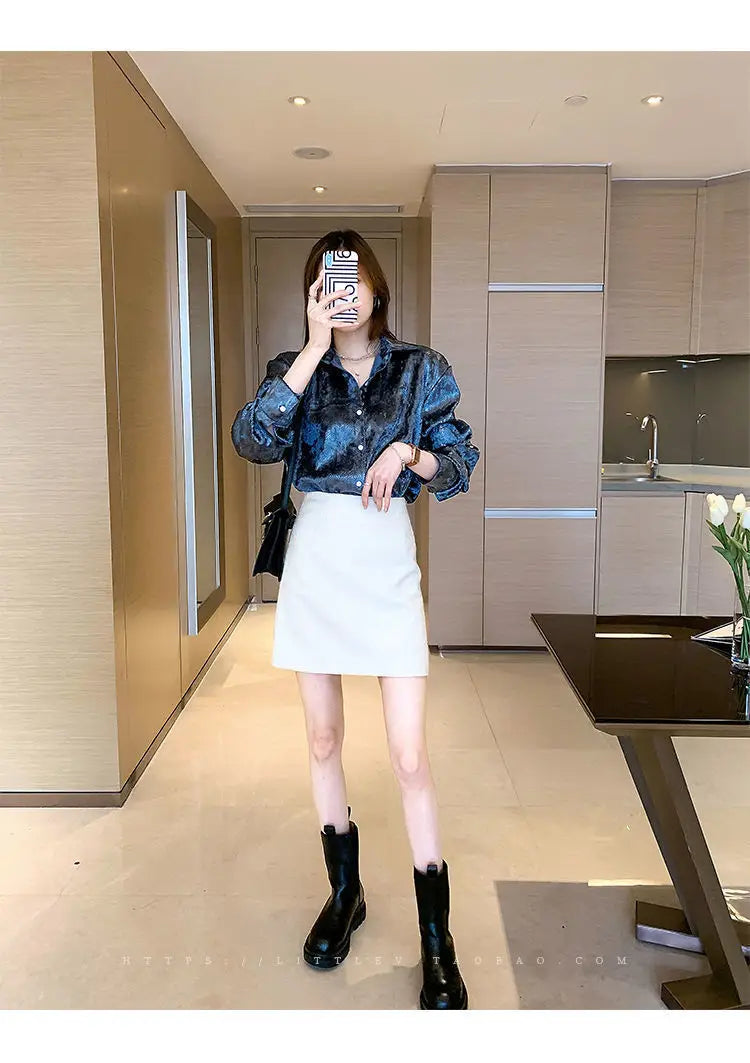 Vireous Women's Shiny Stretch Shirt, Spring and Autumn Collection