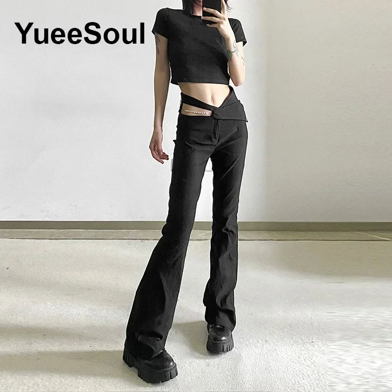 Goth Women's Flared Pants with Black Lace, Embroidery, Multi Designs