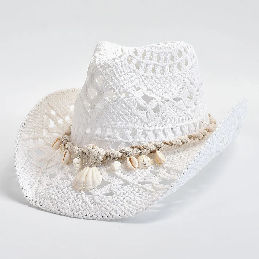 Women's Summer Hand Woven Straw Hat with Natural Shell Decoration