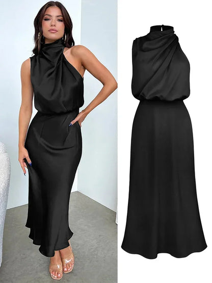 Vireous Summer Silk Satin Sleeveless Long Dress, Draped Bodice