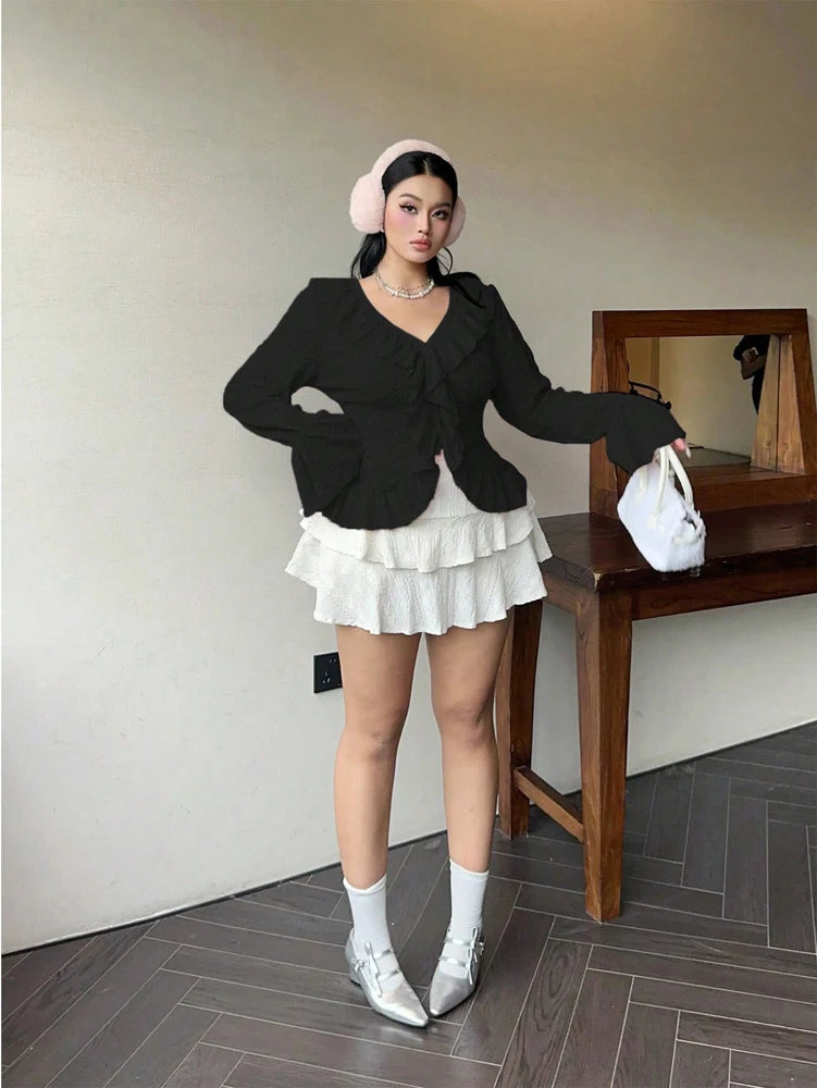 Vireous Elegant French Ruffle Flared-Sleeve Blouse, Plus Sizes