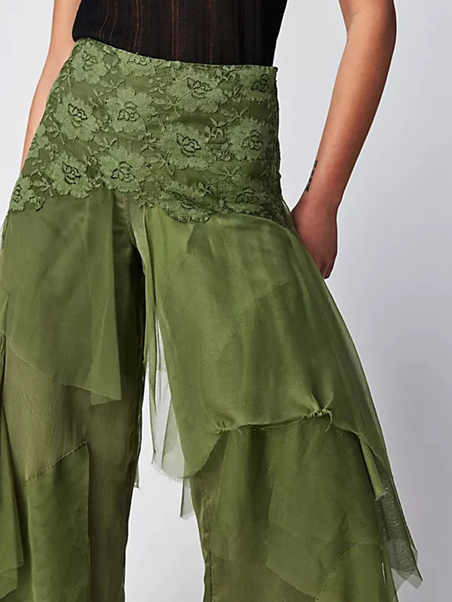 Women's Nature-Aesthetic Green Ruffle Irregular Layered Wide-Leg Trousers
