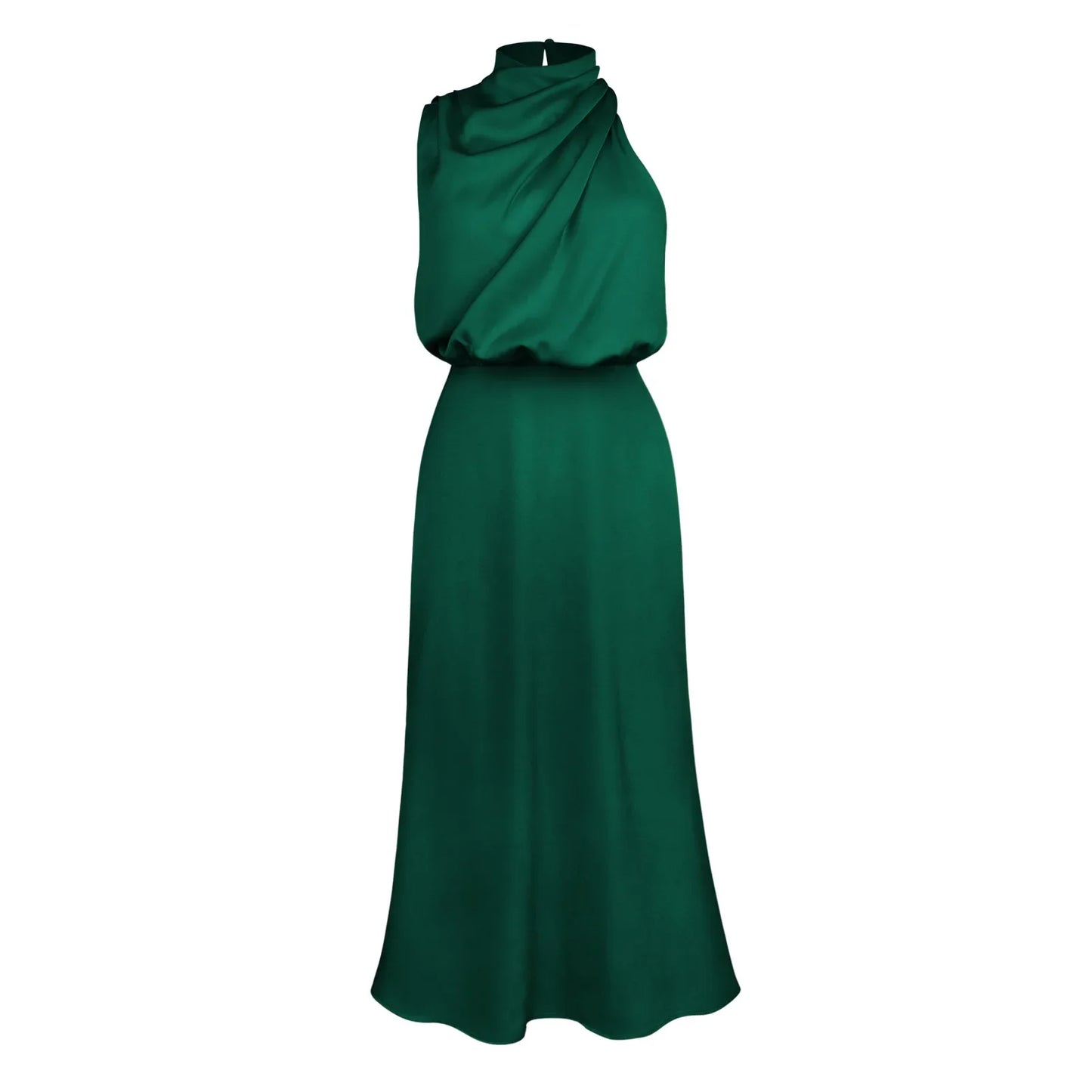 Vireous Summer Silk Satin Sleeveless Long Dress, Draped Bodice