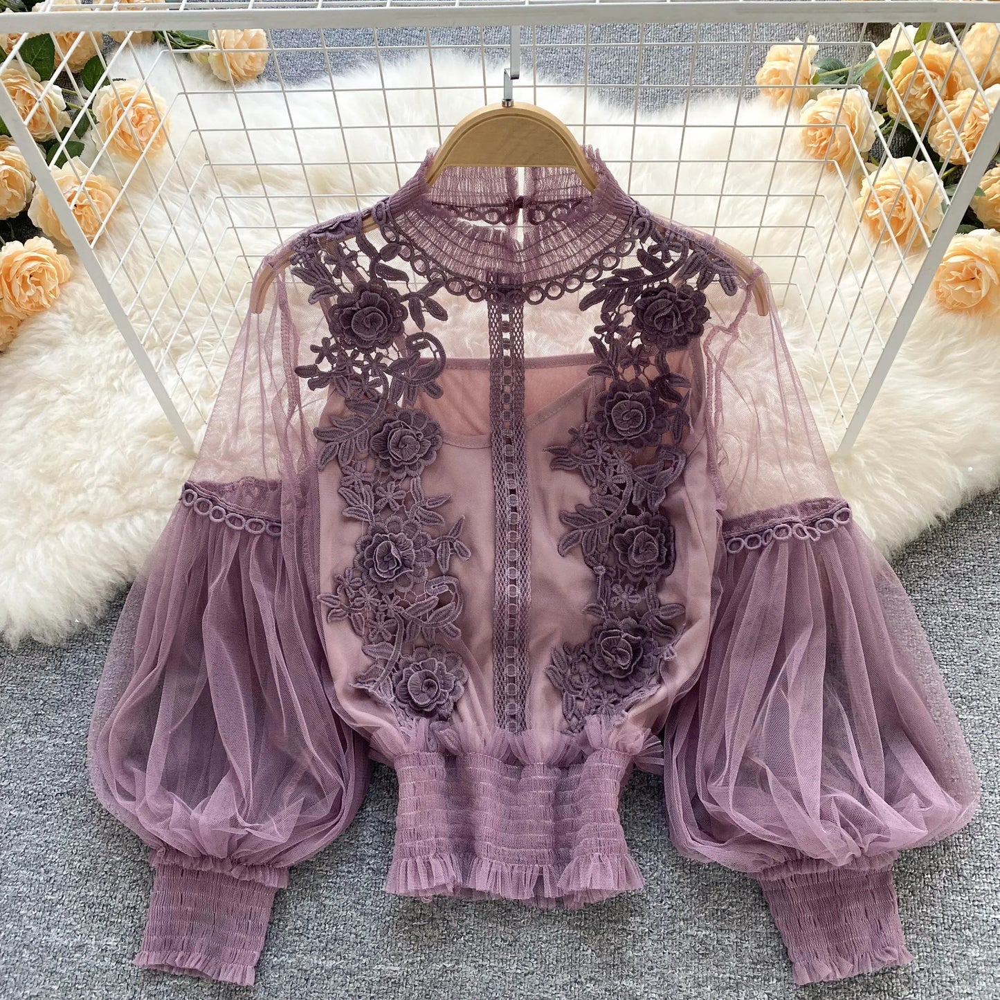 Lace See-Through Puff-Sleeve Vintage Fashion Blouse