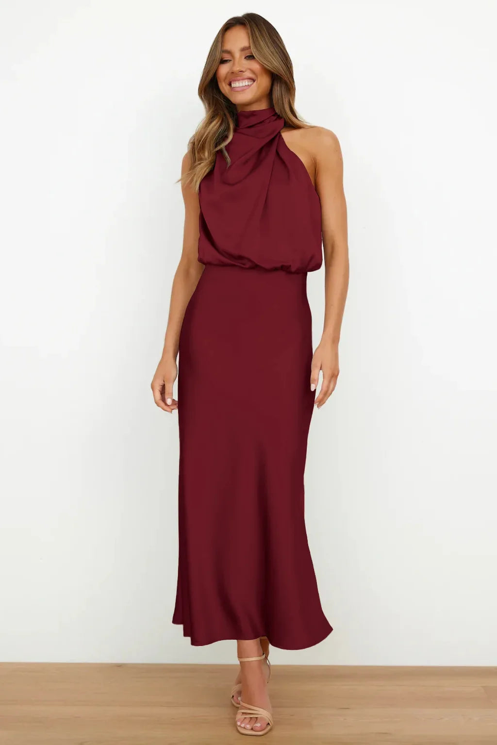 Vireous Summer Silk Satin Sleeveless Long Dress, Draped Bodice
