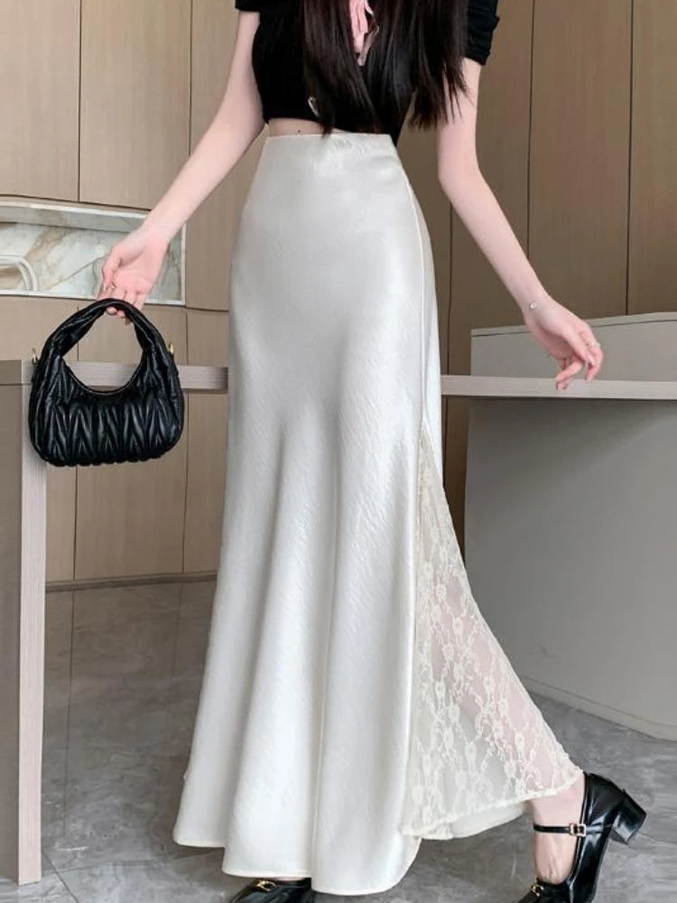Vireous Satin Women's Long Skirt, Side Lace Patchwork