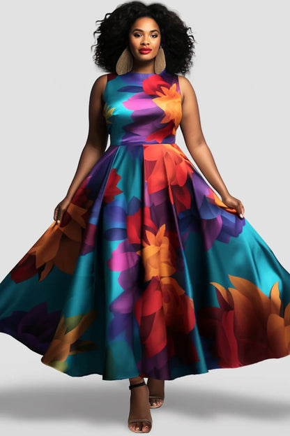 Vireous Floral Abstract Print Tank Dress, Sleeveless Evening Dress, Plus Sizes