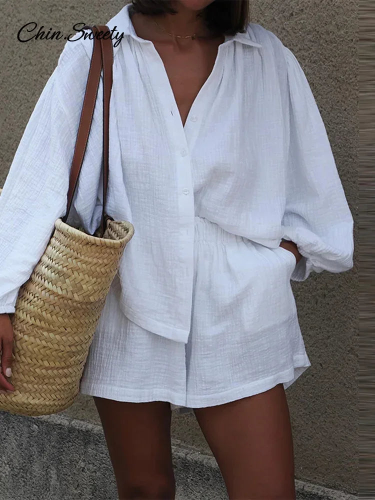 Cotton Linen Women's Two-Piece Summer Shorts Set, Plus Sizes