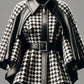 Faux Leather Collar Houndstooth Pattern Women's Jacket, Cape Sleeves