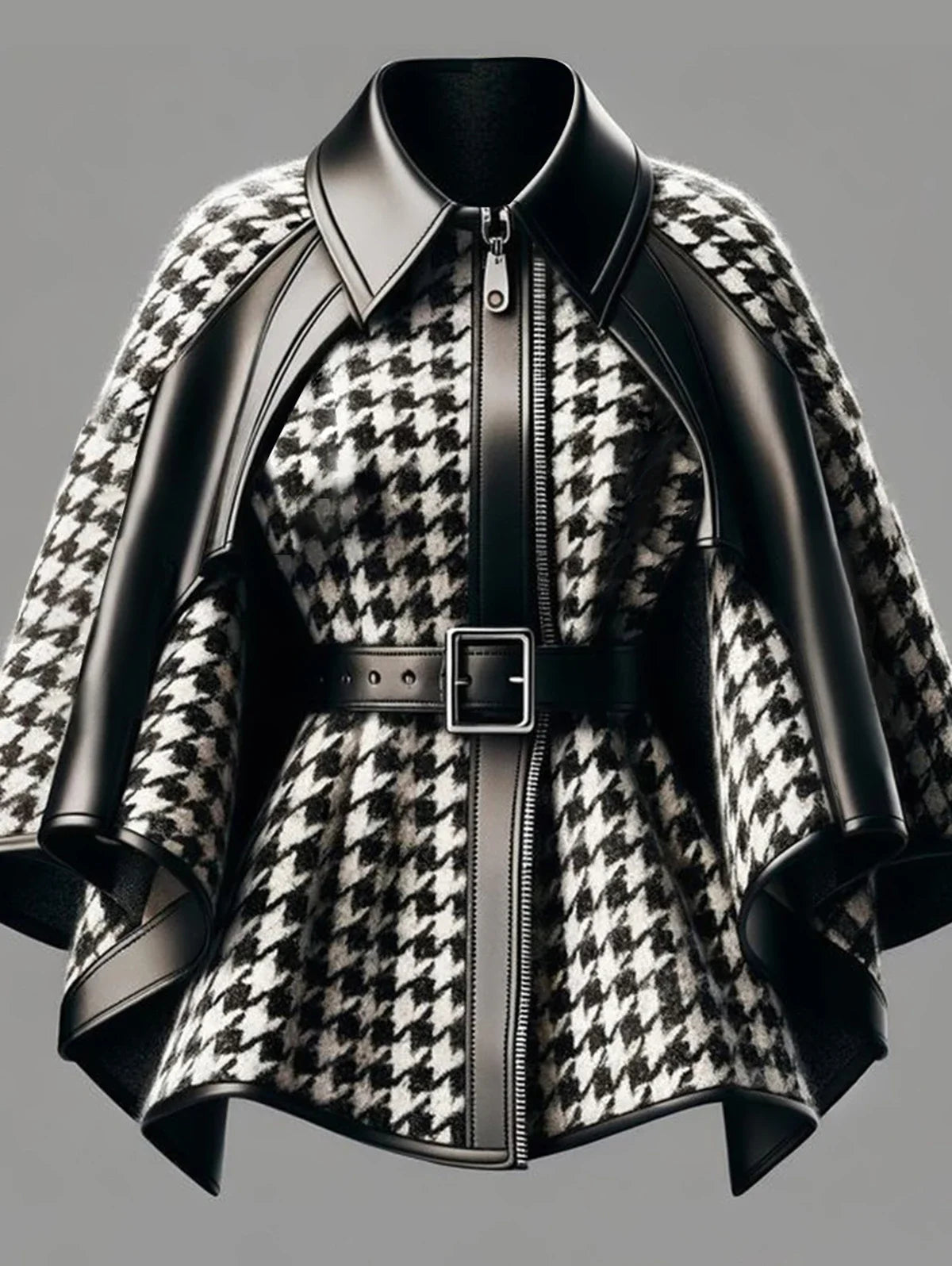 Faux Leather Collar Houndstooth Pattern Women's Jacket, Cape Sleeves