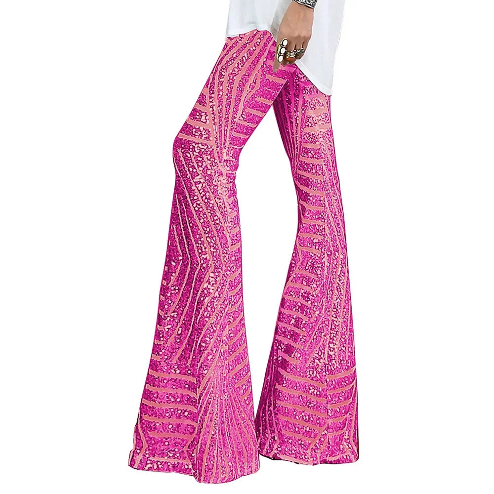 Vireous Women's Sparkling Sequin Slacks, Loose Mid-Waist Trousers