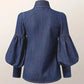 Vireous Women's Princess Sleeves High-Neck Bow Tie Denim-Look Blouse