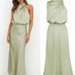 Vireous Summer Silk Satin Sleeveless Long Dress, Draped Bodice