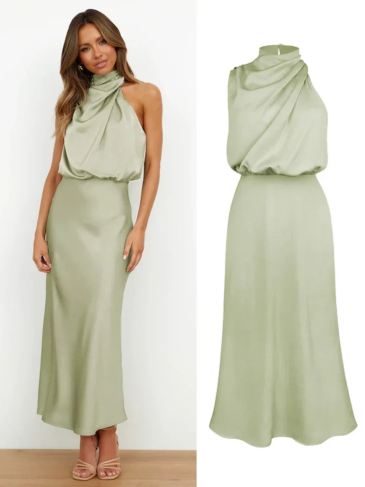 Vireous Summer Silk Satin Sleeveless Long Dress, Draped Bodice