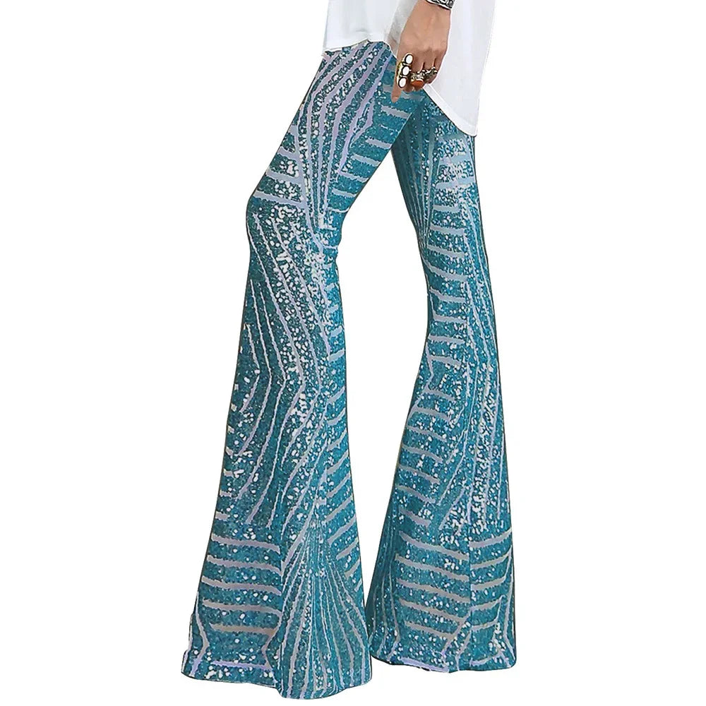Vireous Women's Sparkling Sequin Slacks, Loose Mid-Waist Trousers