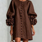 Vireous Women's Linen Mini Dress with Flower Buttons