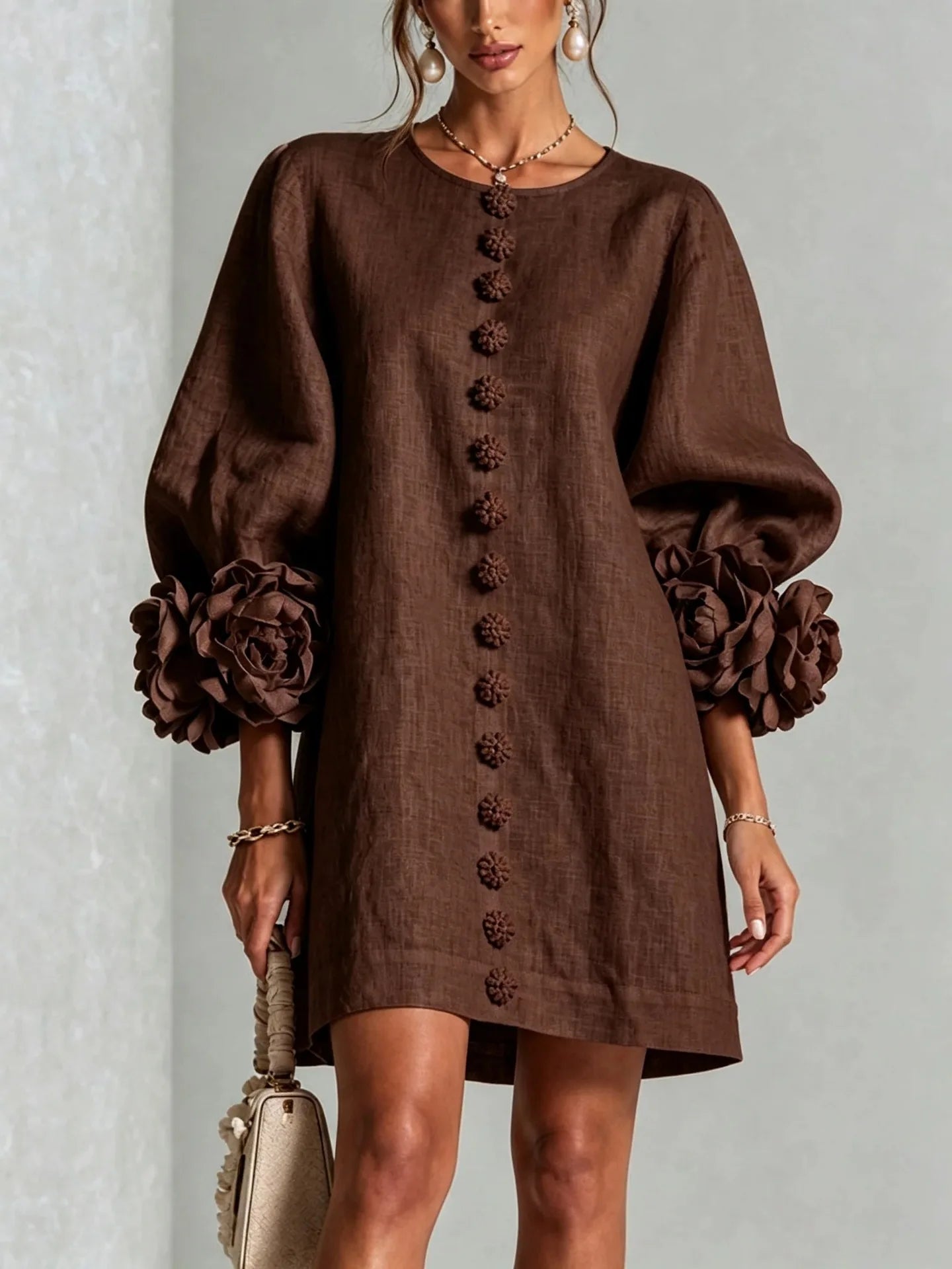 Vireous Women's Linen Mini Dress with Flower Buttons