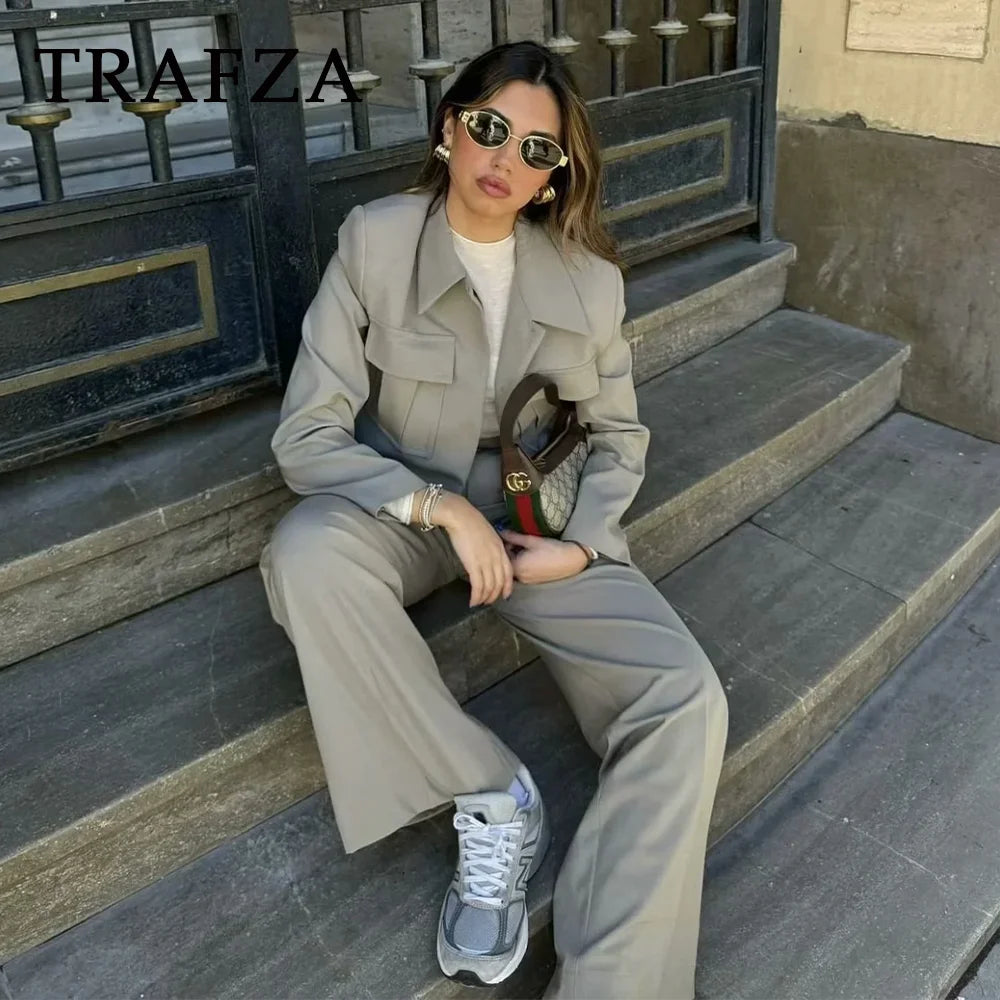 TRAFZA© Women's Pants Suit, Fashion Streetwear Wide-Leg Pants