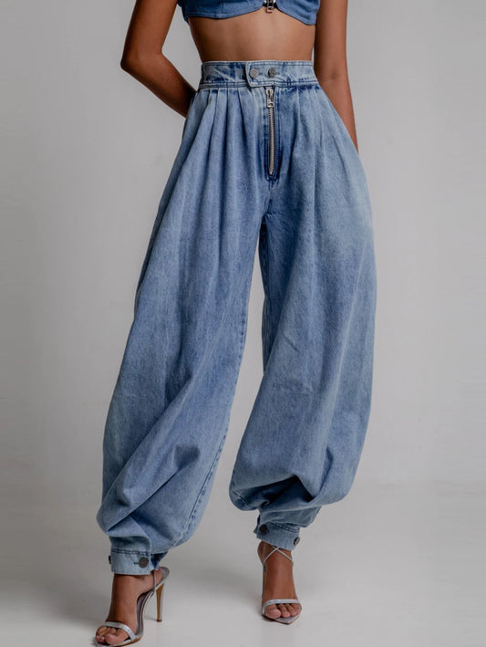 Women's High-Waist Denim Loose Barrel-Cut Jeans, Lantern Pants
