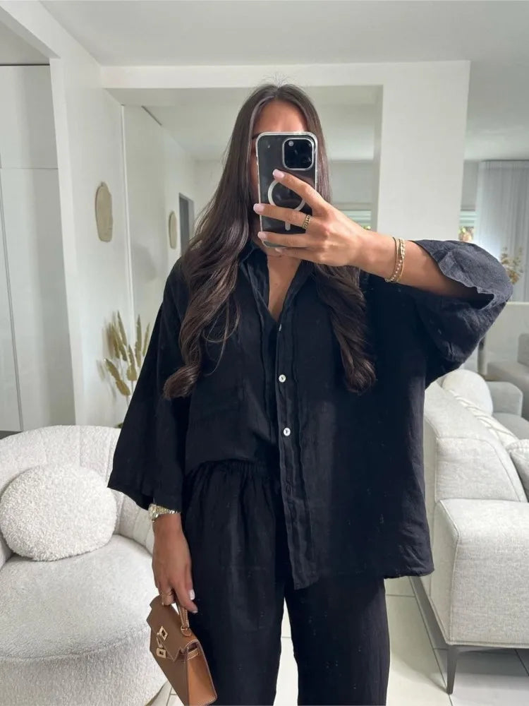 Simple Cotton Linen Women's Summer Pants Suit, Multi Colours