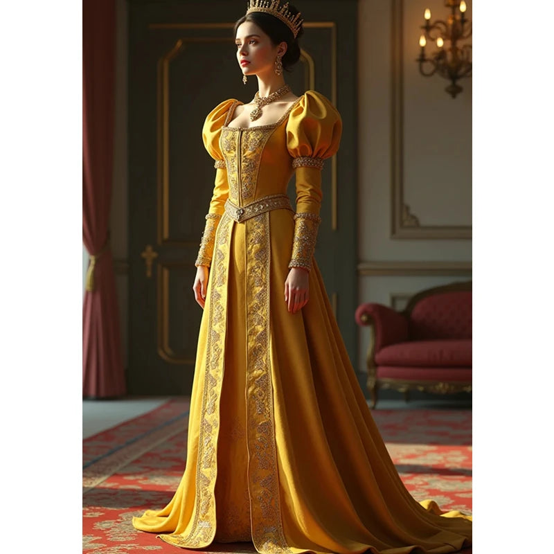 A woman stands in a grand interior wearing a long royal gown in rich golden yellow with ornate gold embroidery, puffed sleeves, a fitted bodice, and a full skirt. She also wears a gold crown and jewelry.