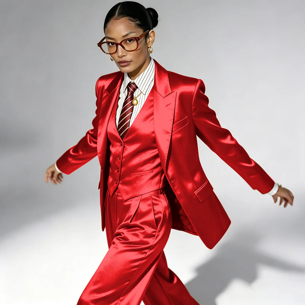 Professional Performance Wear Women's Tuxedo, Gold Satin Three-Piece Suit, Night Wear
