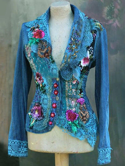 Women's Glam Patchwork Blue Guipure Lace Decor Blazer