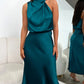 Vireous Summer Silk Satin Sleeveless Long Dress, Draped Bodice