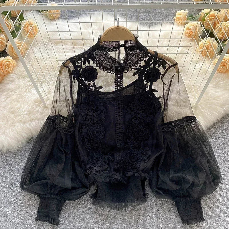Lace See-Through Puff-Sleeve Vintage Fashion Blouse