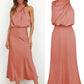 Vireous Summer Silk Satin Sleeveless Long Dress, Draped Bodice