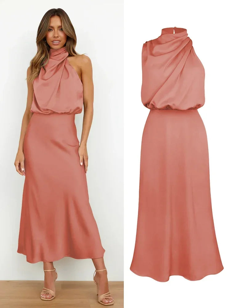Vireous Summer Silk Satin Sleeveless Long Dress, Draped Bodice