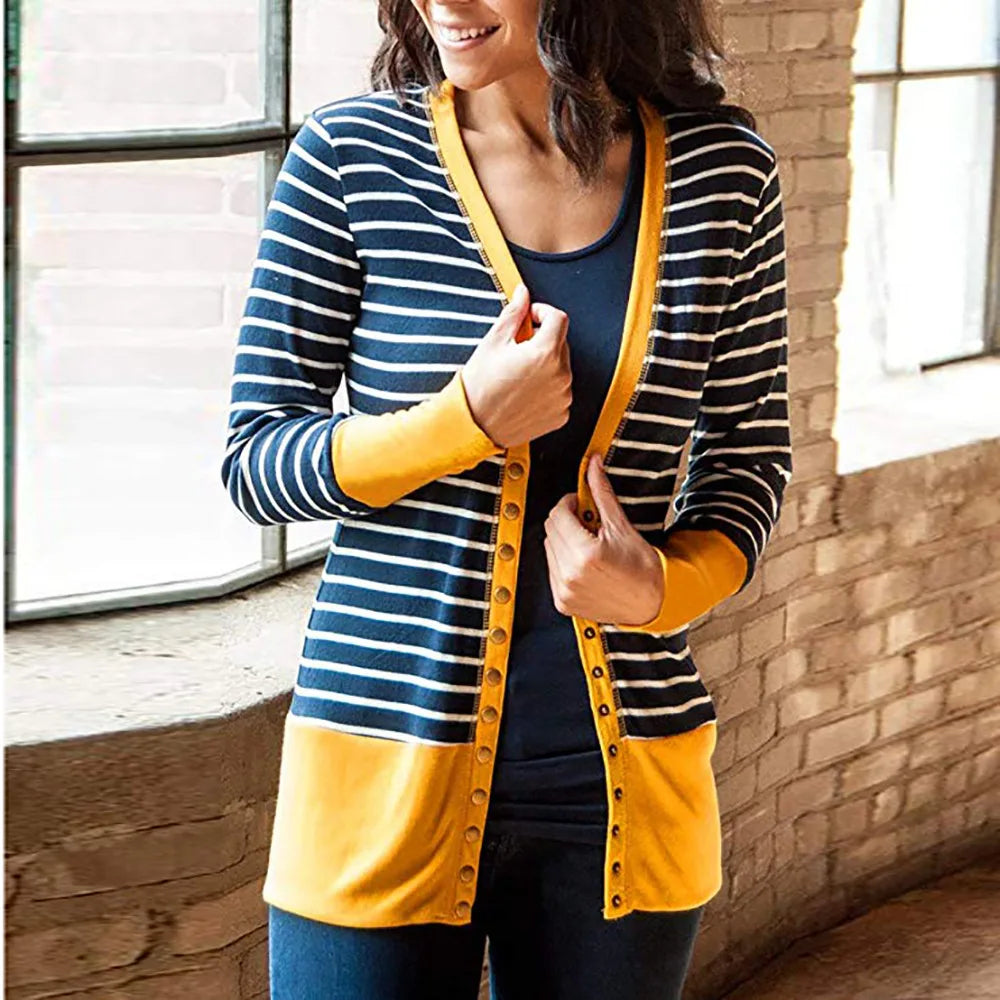 Vibrant Stripe Women's Cardigan Coat, Single Breasted Long Sleeves
