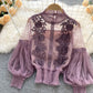 Lace See-Through Puff-Sleeve Vintage Fashion Blouse