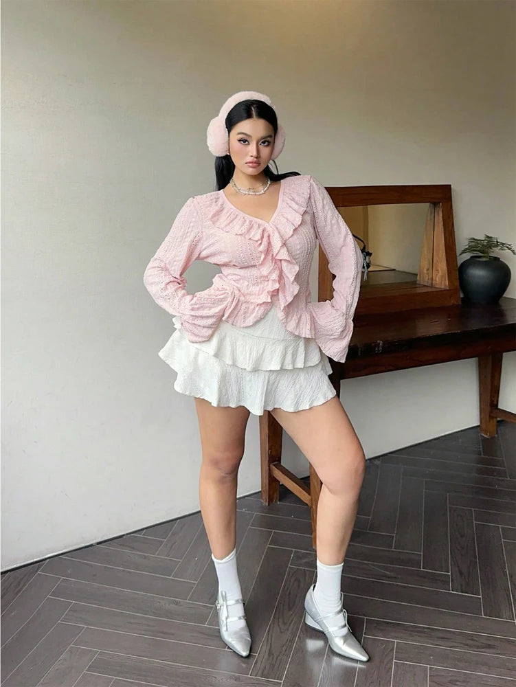 Vireous Elegant French Ruffle Flared-Sleeve Blouse, Plus Sizes