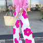 Vireous Loose Wide-Leg Contrast Colour Floral-Printed Casual Pants