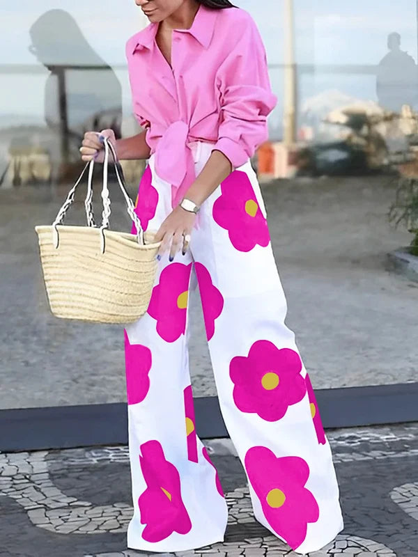 Vireous Loose Wide-Leg Contrast Colour Floral-Printed Casual Pants