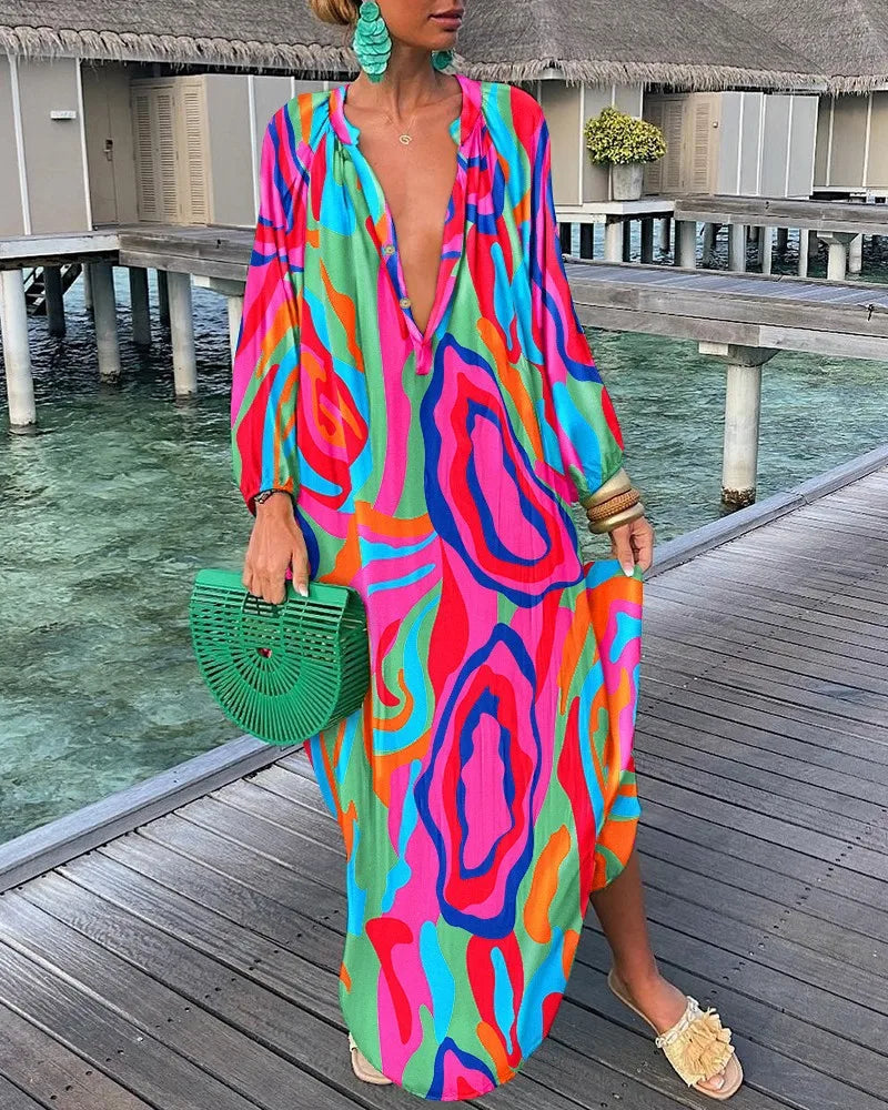 Summer Casual Fashion Print Loose Maxi Dress, Psychedelic Colours