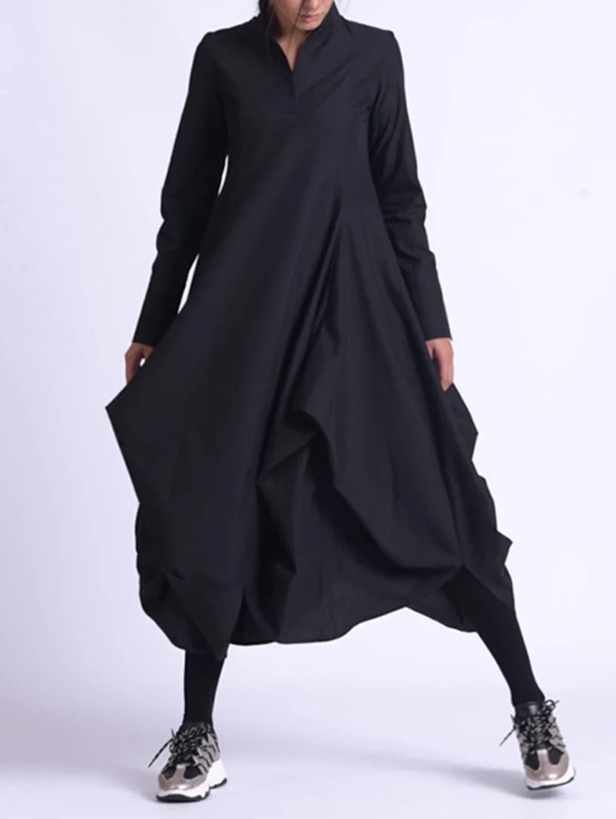 Minimalist Black Stand Collar A-Line Midi Dress