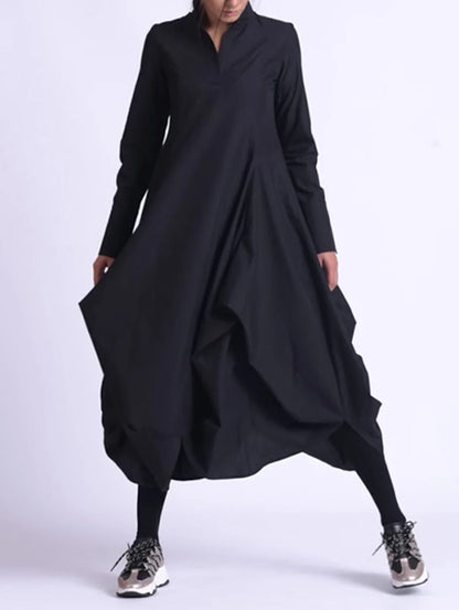 Minimalist Black Stand Collar A-Line Midi Dress