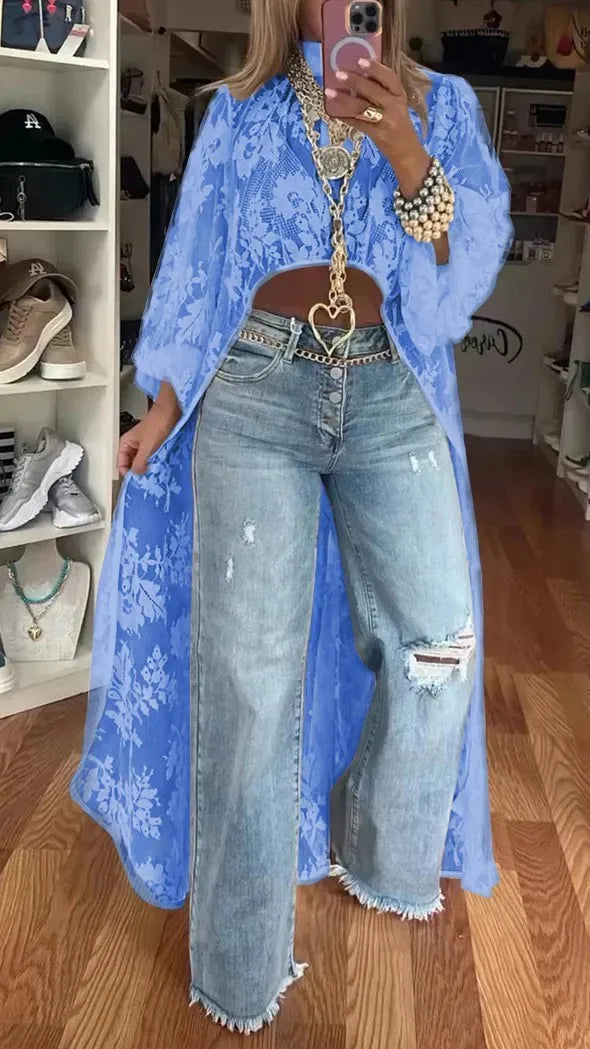 Vireous Lace Floral Extra-Long Shirt Top, High Neck Overwear