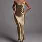 Metallic Gold Maxi Dress, Elegant Satin Backless Women's Gown