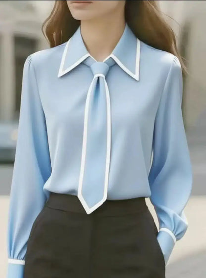 Vireous Women's Fashion Tie and Lapel Contrast-Colour Business Shirt
