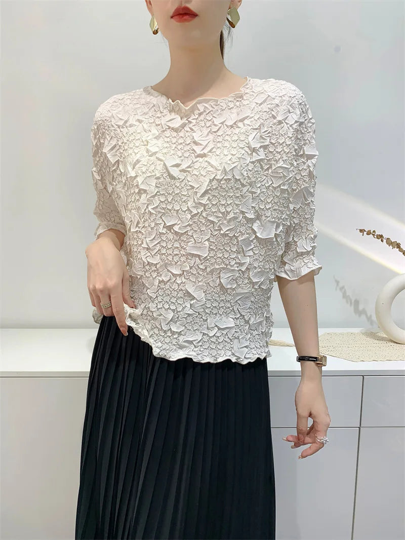 Miyake Embroidered Hand-Pleated Women's Round-Neck Top