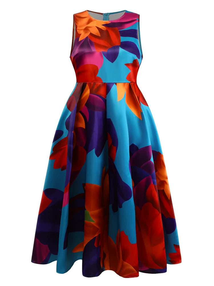 Vireous Floral Abstract Print Tank Dress, Sleeveless Evening Dress, Plus Sizes