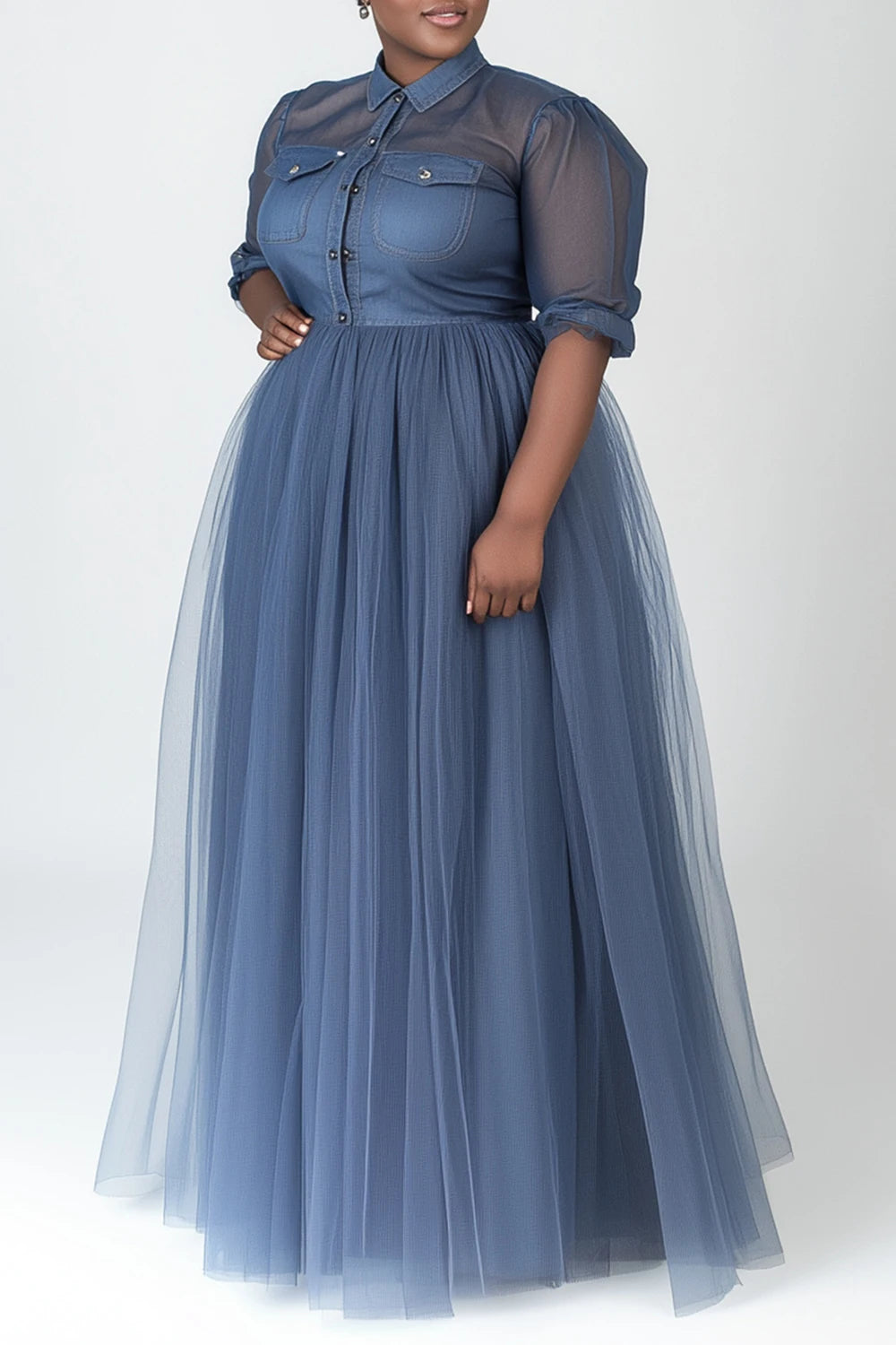 Plus-Size Semi-Formal Soft Tulle Maxi Dress in French Blue