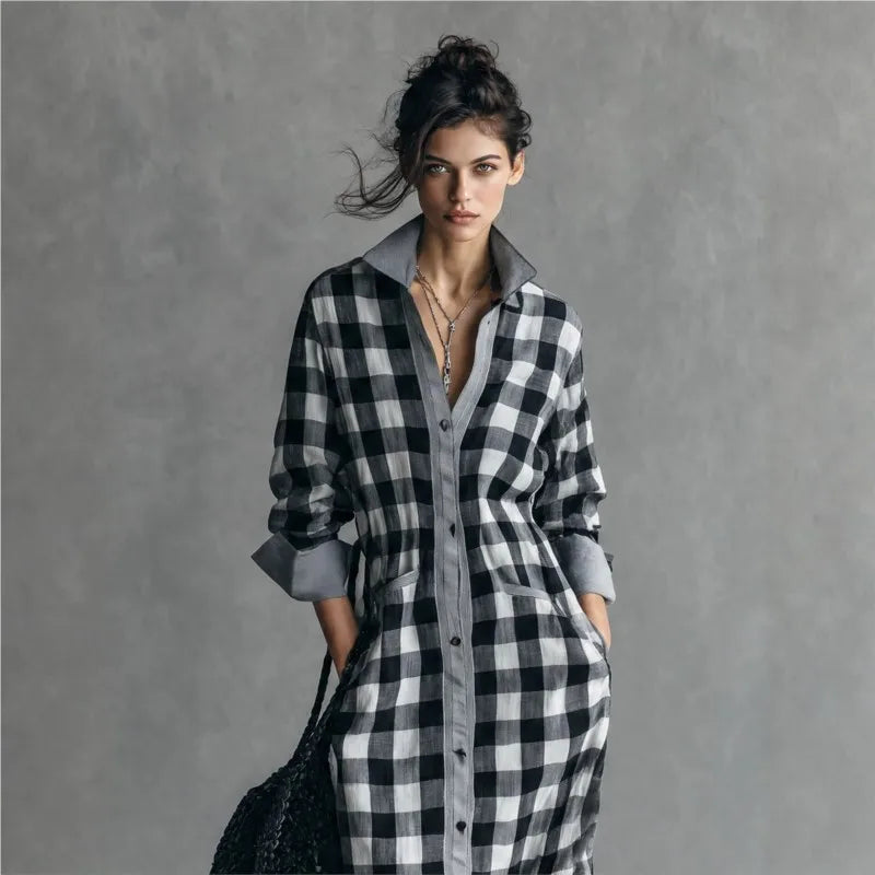 Vireous Bold Gingham Long Dress, Vacation Dress with Pockets
