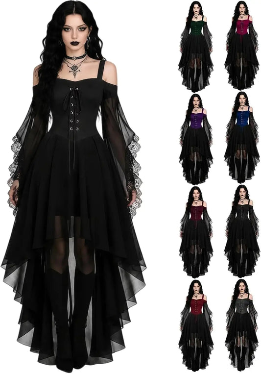 Dark Cross Witch Dress, Halloween Goth Mesh Sleeves Costume Dress, Plus Sizes