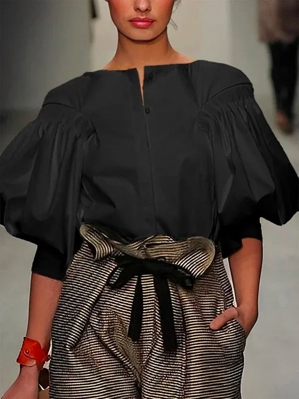Avant Garde Women's Buttoned Dress Shirt, Round Neck Puff Sleeves